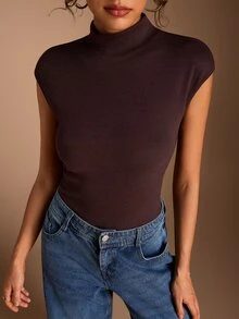 SHEIN BASICS Tank Top Wanita Minimalis Serbaguna Warna Solid Cokelat Tua, Cocok untuk Acara Brunch, Kembali ke Sekolah, Pakaian Kerja, Pakaian Sehari-hari di Kantor, dan Musim Panas - Coffee Brown - View 5