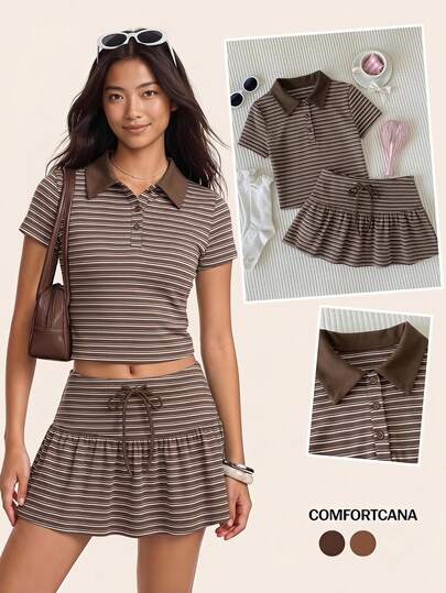 Comfortcana Setelan 2 Potong Atasan Lengan Pendek Motif Garis Cokelat dan Rok Mini untuk Wanita, Pakaian Kembali ke Sekolah untuk Wanita, Pakaian Musim Panas untuk Sekolah yang Imut