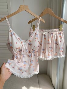 Comfortcana 夏季熊圖案蕾絲飾邊加墊細肩帶背心與短褲套裝 - 白色 - 查看 5