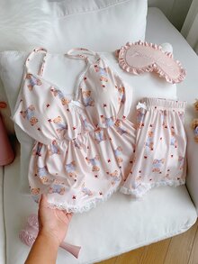 Comfortcana 夏季熊圖案蕾絲飾邊加墊細肩帶背心與短褲套裝 - 白色 - 查看 7