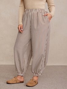Freevana 大尺碼女款條紋休閒百搭寬腿褲，適合日常穿著，2026年秋冬款 - 彩色 - 查看 6