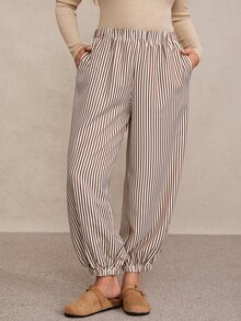 Freevana 大尺碼女款條紋休閒百搭寬腿褲，適合日常穿著，2026年秋冬款 - 彩色 - 查看 1