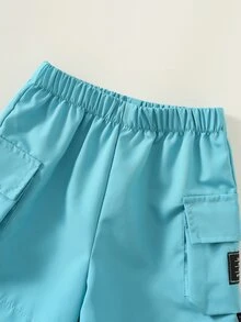 SHEIN 两件套男女宝宝休闲标语印花短袖T恤和工装短裤套装，男宝宝服装，男宝宝夏季服装，街头服饰 - 藍色 - 查看 7