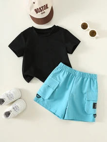 SHEIN 两件套男女宝宝休闲标语印花短袖T恤和工装短裤套装，男宝宝服装，男宝宝夏季服装，街头服饰 - 藍色 - 查看 2