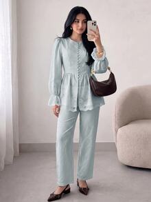 Solavon Women's Striped Lace Patchwork Top And Long Pants Casual Daily Arabic Outfit Set - Blue - View 4