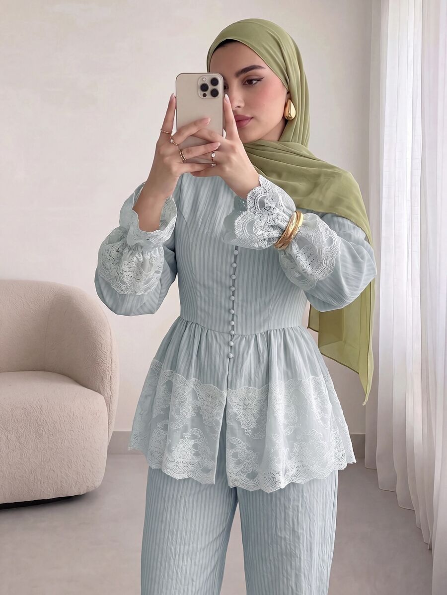 Solavon Women's Striped Lace Patchwork Top And Long Pants Casual Daily Arabic Outfit Set - Blue - View 1