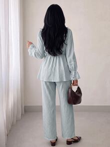Solavon Women's Striped Lace Patchwork Top And Long Pants Casual Daily Arabic Outfit Set - Blue - View 2