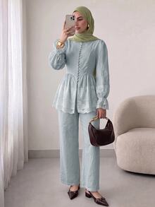 Solavon Women's Striped Lace Patchwork Top And Long Pants Casual Daily Arabic Outfit Set - Blue - View 5