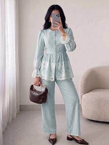 Solavon Women's Striped Lace Patchwork Top And Long Pants Casual Daily Arabic Outfit Set - Blue - View 3