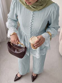 Solavon Women's Striped Lace Patchwork Top And Long Pants Casual Daily Arabic Outfit Set - Blue - View 6