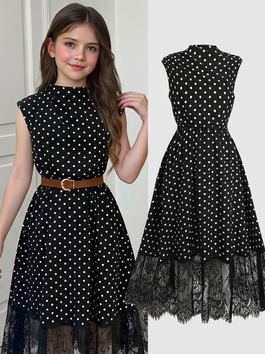 SHEIN Gaun Pesta Kasual Anak Perempuan Motif Polkadot dengan Hiasan Renda dan Lipatan - Hitam - View 1