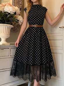 SHEIN 大女孩波點蕾絲拼接百褶休閒派對洋裝 - 黑色 - 查看 1