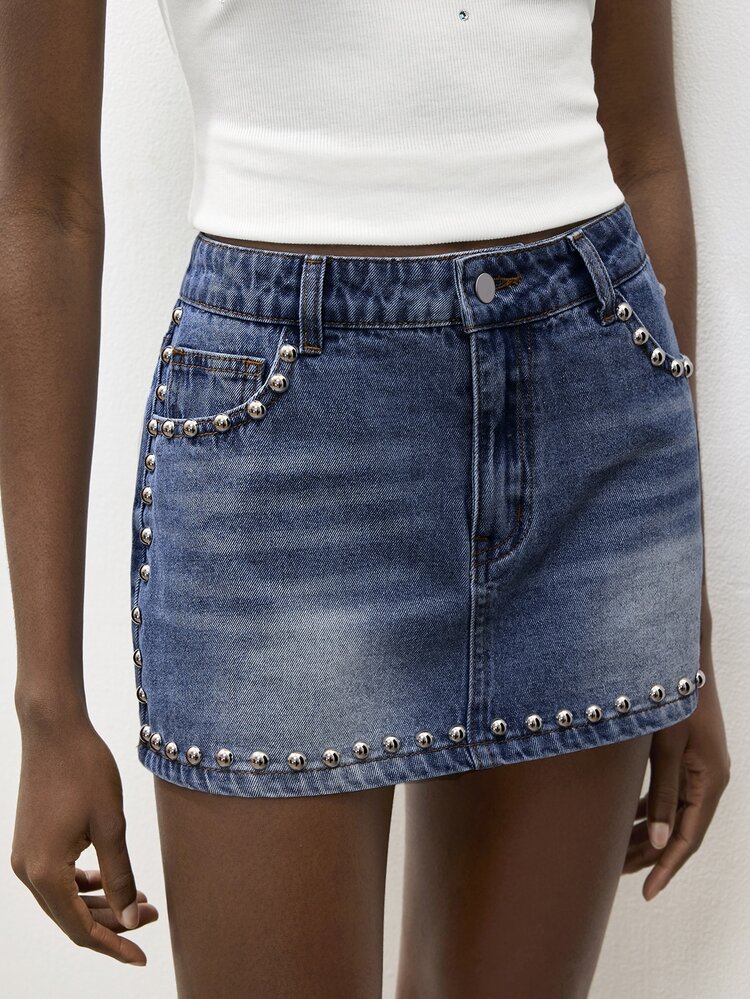 Maija Women's Studded Decor Pocket Casual Daily Denim Skirt Fall Outfit For Women - Dark Wash - View 4