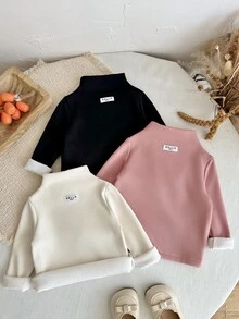 SHEIN 女嬰 3 件組高領保暖內層上衣，加厚複合毛絨內裡，修身花瓣袖，冬季穿著 - 彩色 - 查看 8