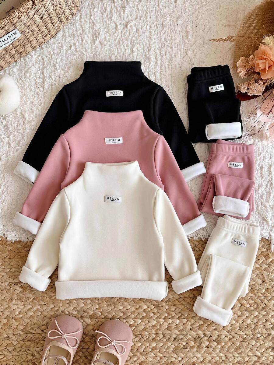 SHEIN 女嬰 3 件組高領保暖內層上衣，加厚複合毛絨內裡，修身花瓣袖，冬季穿著 - 彩色 - 查看 1
