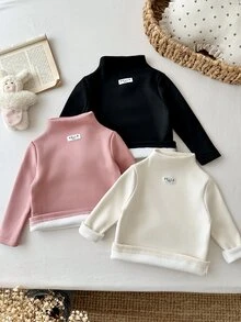 SHEIN 女嬰 3 件組高領保暖內層上衣，加厚複合毛絨內裡，修身花瓣袖，冬季穿著 - 彩色 - 查看 10