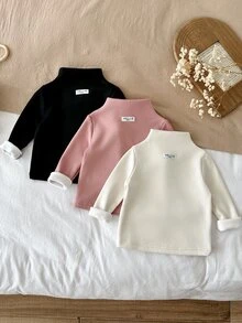 SHEIN 女嬰 3 件組高領保暖內層上衣，加厚複合毛絨內裡，修身花瓣袖，冬季穿著 - 彩色 - 查看 4