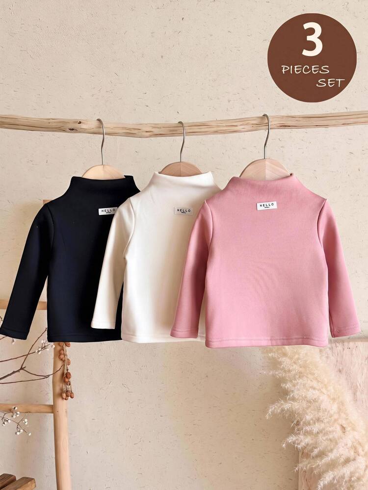 SHEIN Baby Girl 3pcs Set High Neck Thermal Lined Thick Composite Fur Lining Fitted Petal Sleeve Base Layer Tops For Winter - Multicolor - View 7