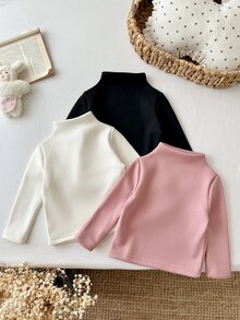 SHEIN 女嬰 3 件組高領保暖內層上衣，加厚複合毛絨內裡，修身花瓣袖，冬季穿著 - 彩色 - 查看 2