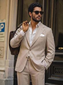 HIMLAND Conjunto de traje casual de chaqueta y pantalones de unicolor con cuello de solapa para hombre - Albaricoque - Ver 9