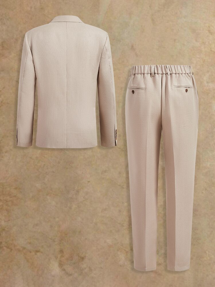 HIMLAND Men's Solid Color Lapel NeckJacket And Pants Casual Suit Set - Apricot - View 2