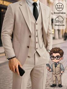 HIMLAND Conjunto de traje casual de chaqueta y pantalones de unicolor con cuello de solapa para hombre - Albaricoque - Ver 12