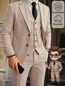 HIMLAND Conjunto de traje casual de chaqueta y pantalones de unicolor con cuello de solapa para hombre - Albaricoque - Ver 13