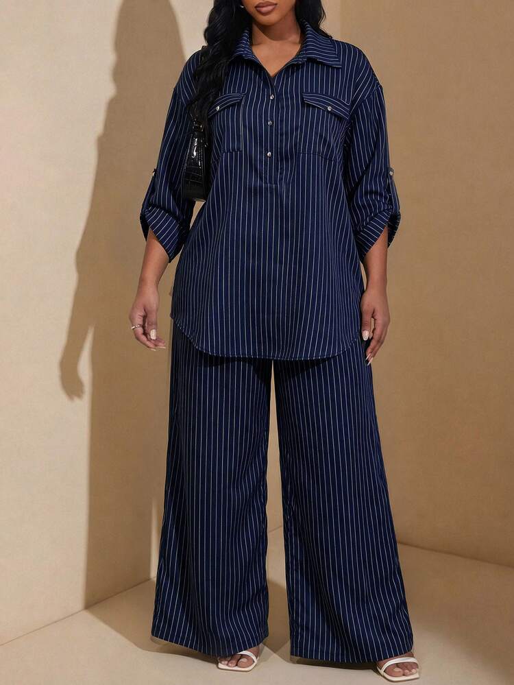 Chikora Plus Size Striped Shirt & Pants Casual Commuter Set - Navy Blue - View 1
