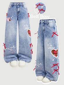 Girlism Tween Girl Y2k Christmas Check-Pattern Heart-Shaped Design Ribbon Bow Blue Loose-Fitting Jeans - Blue - View 1