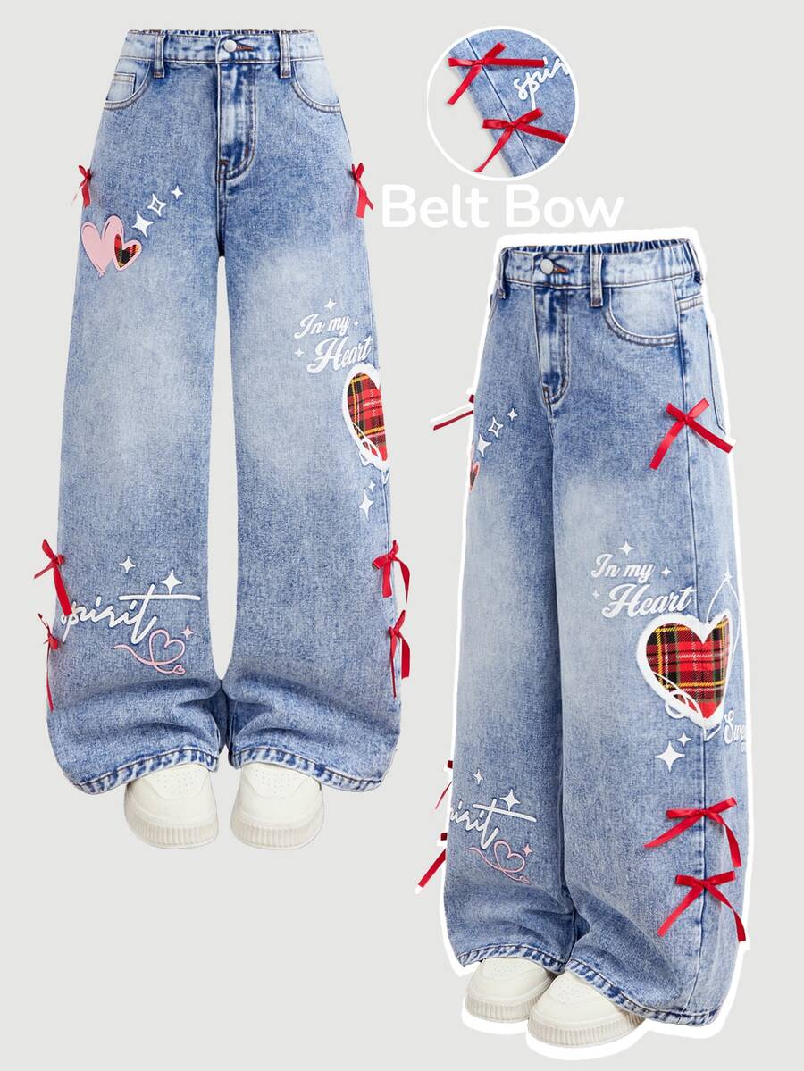 Girlism Tween Girl Y2k Christmas Check-Pattern Heart-Shaped Design Ribbon Bow Blue Loose-Fitting Jeans - Blue - View 1