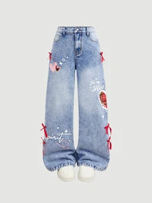 Girlism Tween Girl Y2k Christmas Check-Pattern Heart-Shaped Design Ribbon Bow Blue Loose-Fitting Jeans - Blue - View 7