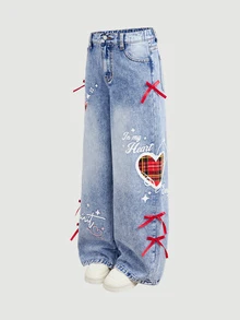 Girlism Tween Girl Y2k Christmas Check-Pattern Heart-Shaped Design Ribbon Bow Blue Loose-Fitting Jeans - Blue - View 6