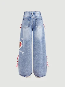 Girlism Tween Girl Y2k Christmas Check-Pattern Heart-Shaped Design Ribbon Bow Blue Loose-Fitting Jeans - Blue - View 2
