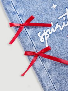 Girlism Tween Girl Y2k Christmas Check-Pattern Heart-Shaped Design Ribbon Bow Blue Loose-Fitting Jeans - Blue - View 5