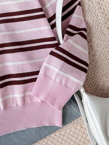 SHEIN 青少年女孩秋冬時尚休閒條紋 Polo 毛衣 - 粉色 - 查看 8