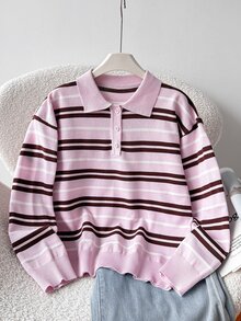 SHEIN 青少年女孩秋冬時尚休閒條紋 Polo 毛衣 - 粉色 - 查看 2