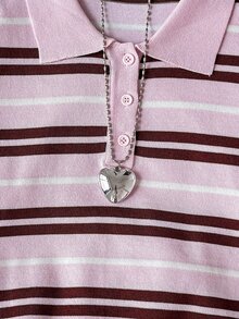 SHEIN 青少年女孩秋冬時尚休閒條紋 Polo 毛衣 - 粉色 - 查看 6