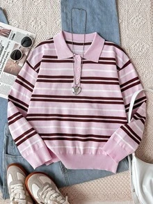 SHEIN 青少年女孩秋冬時尚休閒條紋 Polo 毛衣 - 粉色 - 查看 3