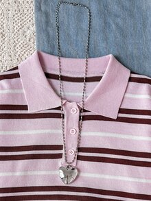 SHEIN 青少年女孩秋冬時尚休閒條紋 Polo 毛衣 - 粉色 - 查看 5