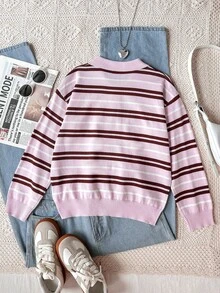 SHEIN 青少年女孩秋冬時尚休閒條紋 Polo 毛衣 - 粉色 - 查看 4