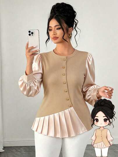 Elenzga Plus Size Women's Elegant Simple Commute Casual Vacation Daily Date Party Banquet Shopping Fashion Apricot Knit Fabric Patchwork Button Decor Long Sleeve Shirt
