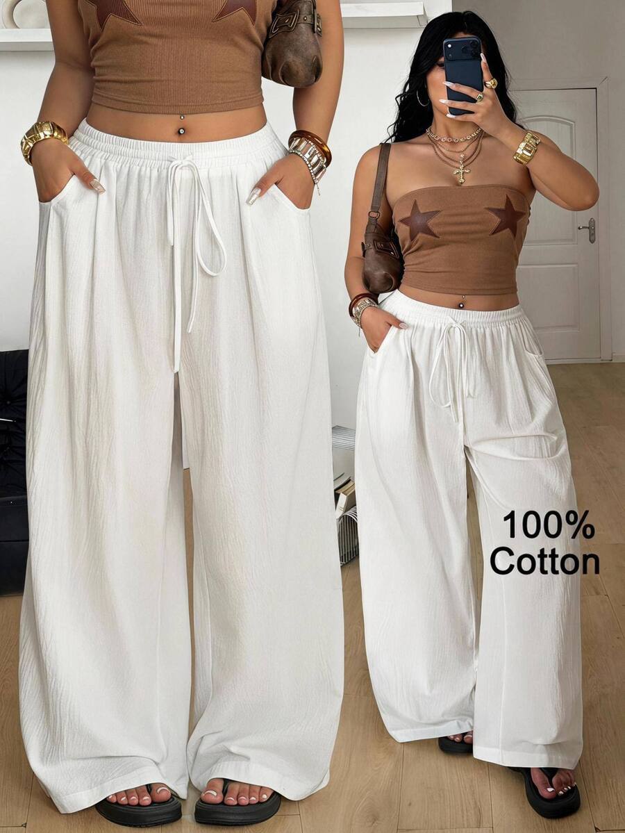 Coolane Women's Plus Size Summer Fall Going Out Vacation Beach Holiday Casual Elegant Boho Drawstring Waist Cotton Loose High-Waist White Pants - White - View 1