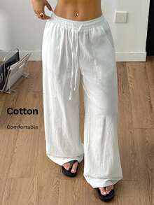 Coolane Women's Plus Size Summer Fall Going Out Vacation Beach Holiday Casual Elegant Boho Drawstring Waist Cotton Loose High-Waist White Pants - White - View 4