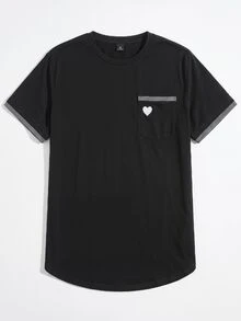 NORVETH Men's Round Neck Trimmed Heart Print T-Shirt - Black - View 2
