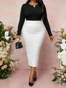 Fleurora Plus Size Women Solid Color Textured Elegant Pencil Skirt Birthday Formal Cocktail Party Office Work Wear White Summer - Beige - View 3