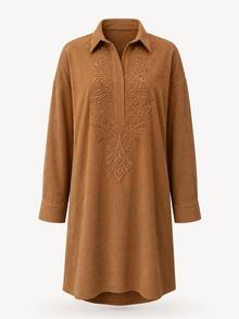 SHEIN Collared Asymmetrical Hem Embroidered Dress - Coffee Brown - View 6