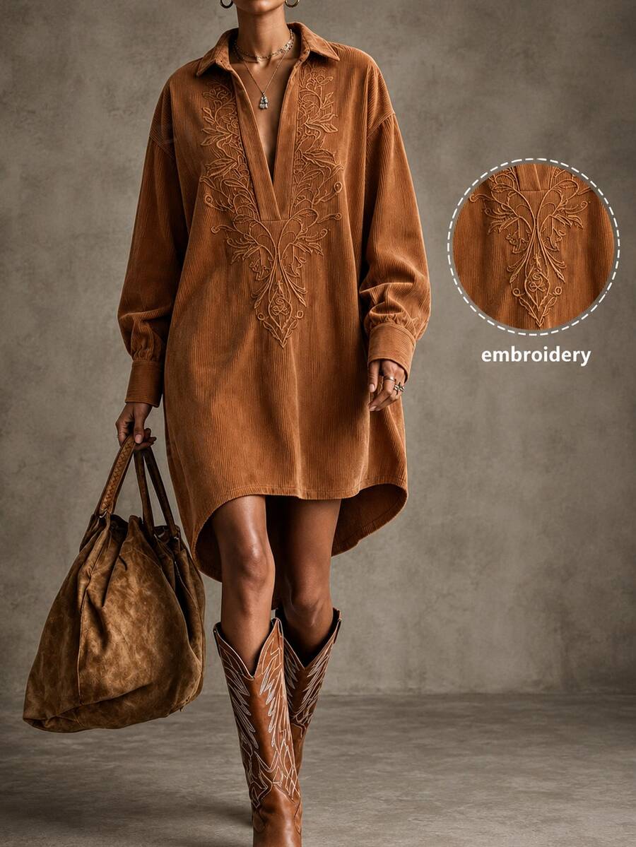 SHEIN Collared Asymmetrical Hem Embroidered Dress