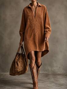 SHEIN Collared Asymmetrical Hem Embroidered Dress - Coffee Brown - View 7