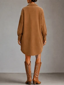 SHEIN Collared Asymmetrical Hem Embroidered Dress - Coffee Brown - View 3