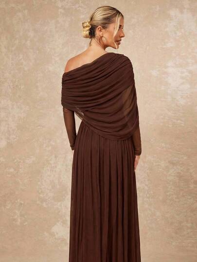 Lumalex Summer Women's Elegant Metal Decor Pleated Long Sleeves Asymmetric Shoulder Long Dress Summer